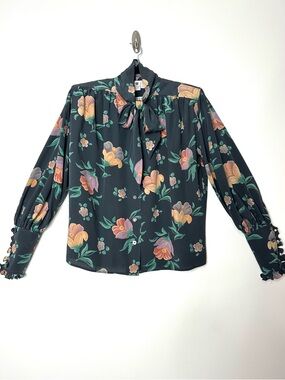 Vintage Feminine Neck Bow Blouse Floral Bishop Sleeve Fairycore Garden Girl Boxy